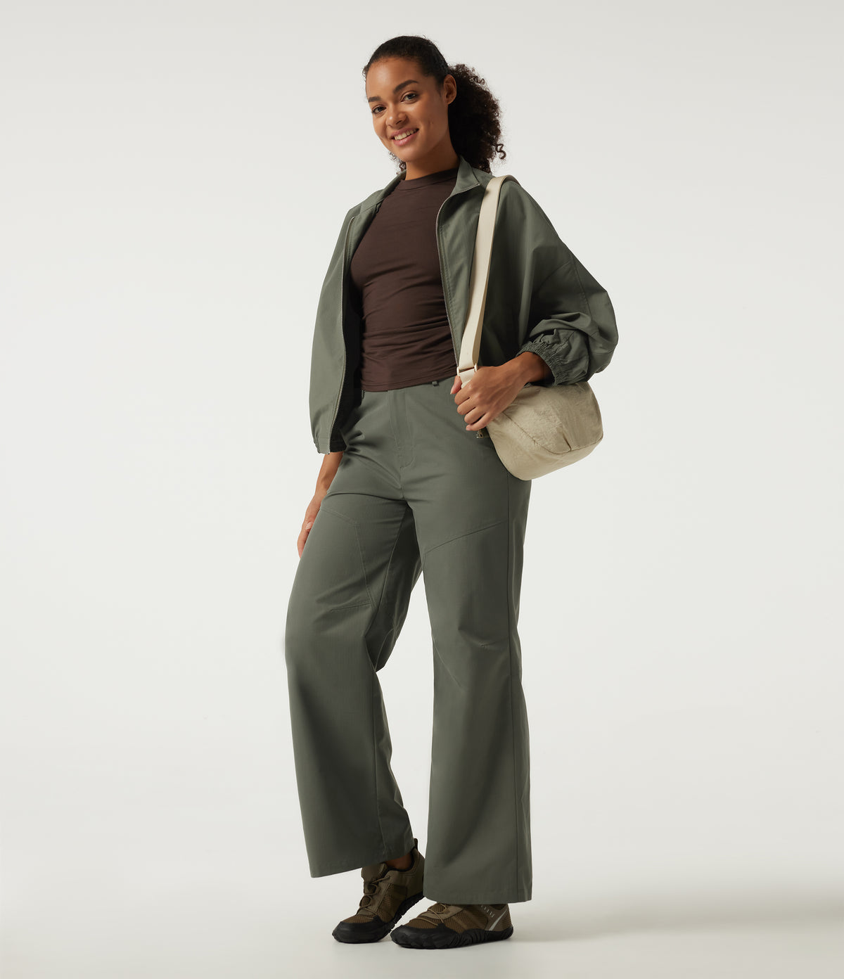High Waisted Wide Leg Hiking Trousers with Pockets — Dull Grey Green — view 7
