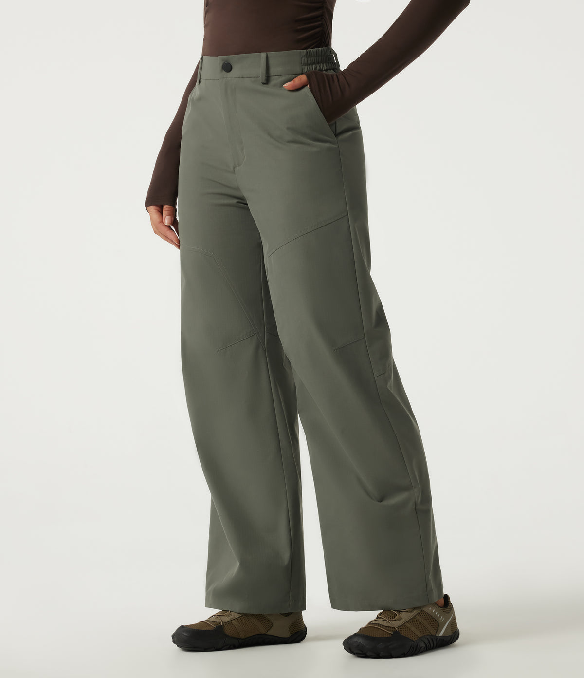 High Waisted Wide Leg Hiking Trousers with Pockets — Dull Grey Green — view 3