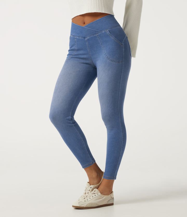 High Waisted Crossover Denim Casual Leggings with Pockets — Vallarta Blue Denim — view 1