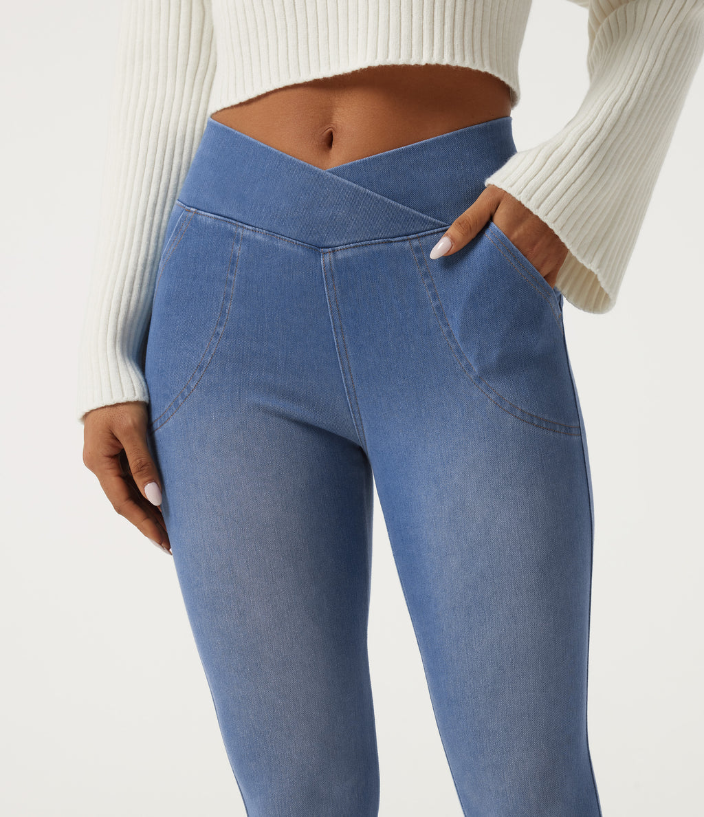 High Waisted Crossover Denim Casual Leggings with Pockets — Vallarta Blue Denim — view 5
