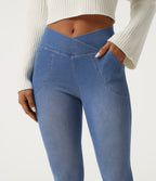 High Waisted Crossover Denim Casual Leggings with Pockets — Vallarta Blue Denim — view 5