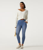 High Waisted Crossover Denim Casual Leggings with Pockets — Vallarta Blue Denim — view 7