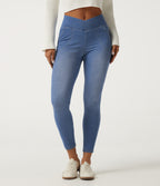 High Waisted Crossover Denim Casual Leggings with Pockets — Vallarta Blue Denim — view 3
