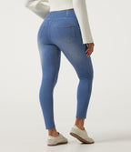 High Waisted Crossover Denim Casual Leggings with Pockets — Vallarta Blue Denim — view 2