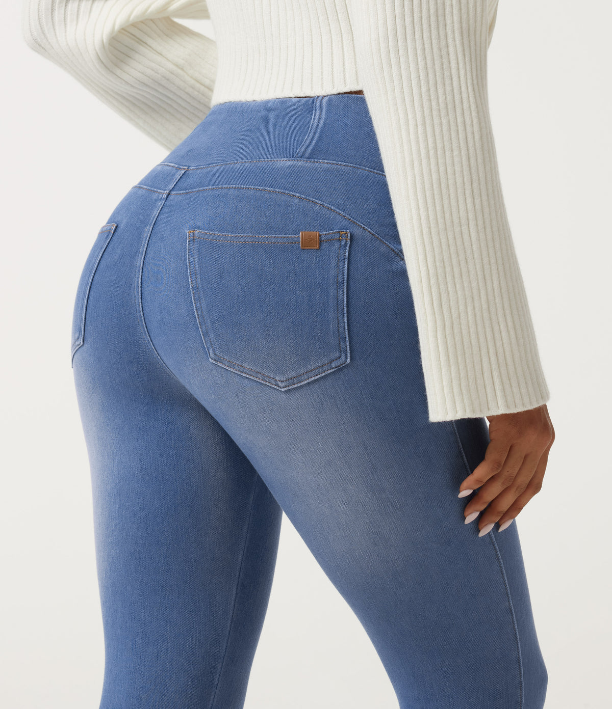 High Waisted Crossover Denim Casual Leggings with Pockets — Vallarta Blue Denim — view 4