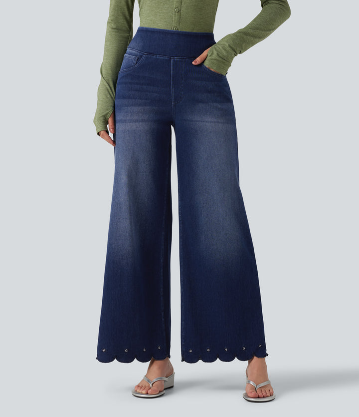 High Waisted Wide Leg Embroidery Casual Jeans with Pockets — Estate Blue Denim — view 1