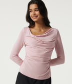 Cowl Neck Long Sleeve Ruched Casual T-Shirt — Pinkish Petals — view 1