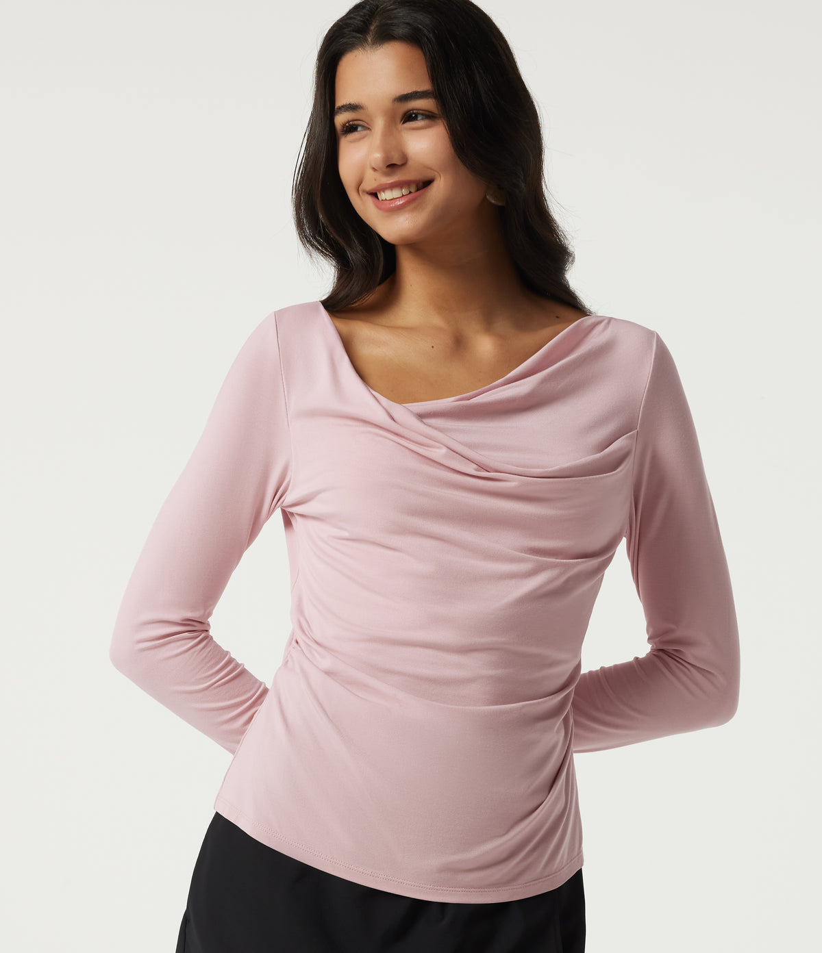 Cowl Neck Long Sleeve Ruched Casual T-Shirt — Pinkish Petals — view 1