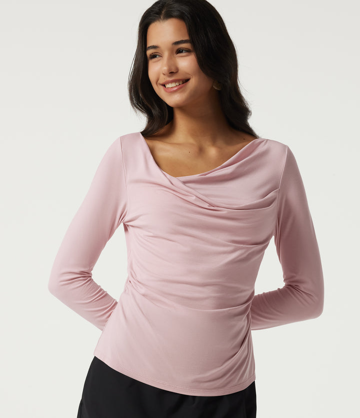 Cowl Neck Long Sleeve Ruched Casual T-Shirt — Pinkish Petals — view 1