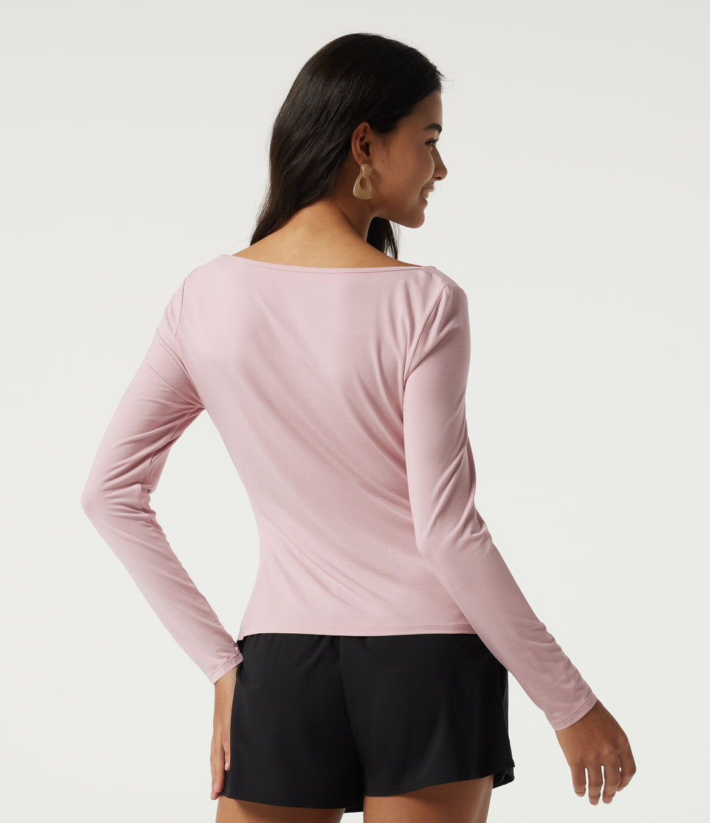 Cowl Neck Long Sleeve Ruched Casual T-Shirt — Pinkish Petals — view 2