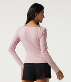 Cowl Neck Long Sleeve Ruched Casual T-Shirt — Pinkish Petals — view 2