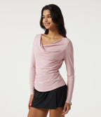 Cowl Neck Long Sleeve Ruched Casual T-Shirt — Pinkish Petals — view 3