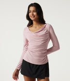 Cowl Neck Long Sleeve Ruched Casual T-Shirt — Pinkish Petals — view 4