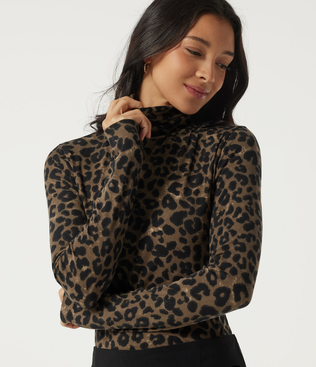 Stacked Mock Neck Long Sleeve Leopard Print Casual T-Shirt — Hazel Prowl — view 1