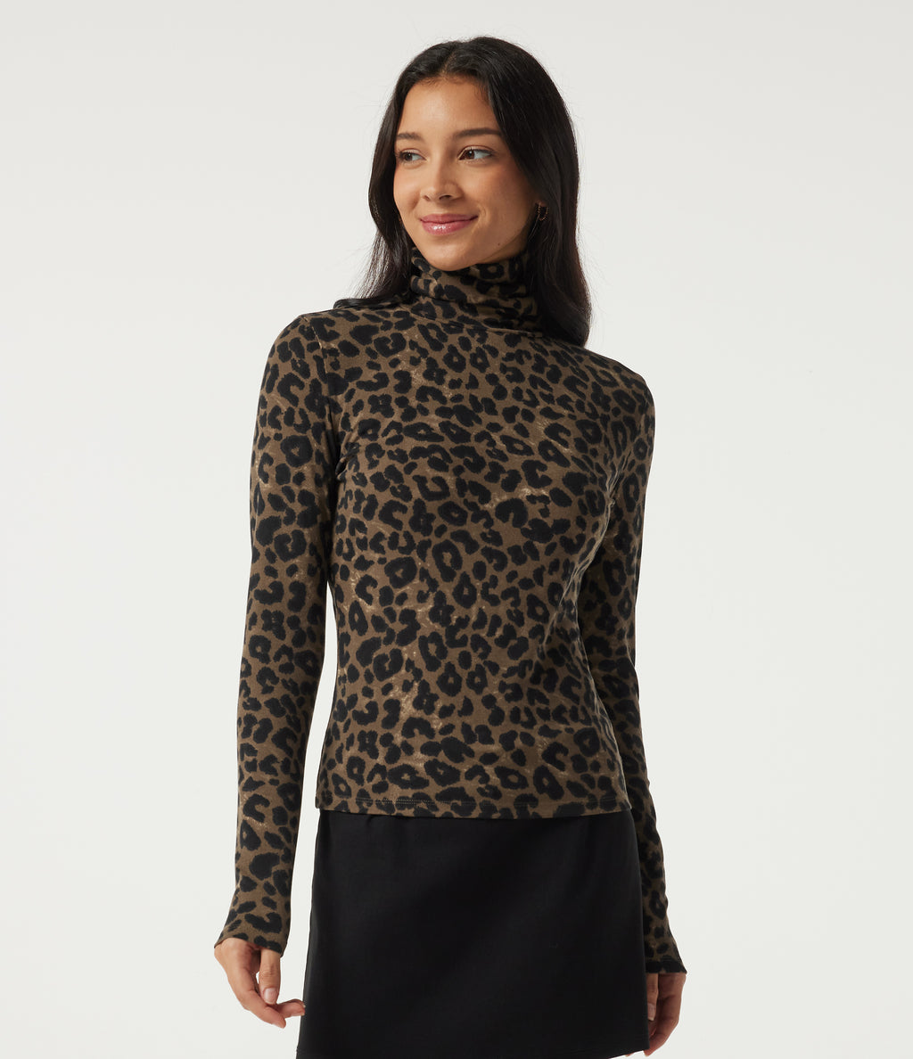 Stacked Mock Neck Long Sleeve Leopard Print Casual T-Shirt — Hazel Prowl — view 4