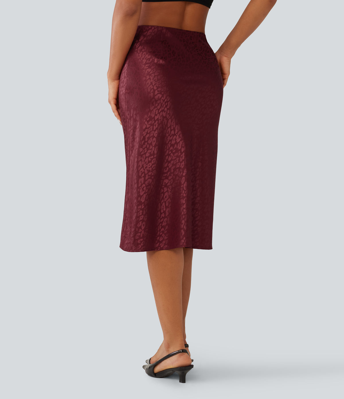 High Waisted Leopard Print Satin Casual Midi Mermaid Skirt — Burgundy Bloom Jacquard — view 2