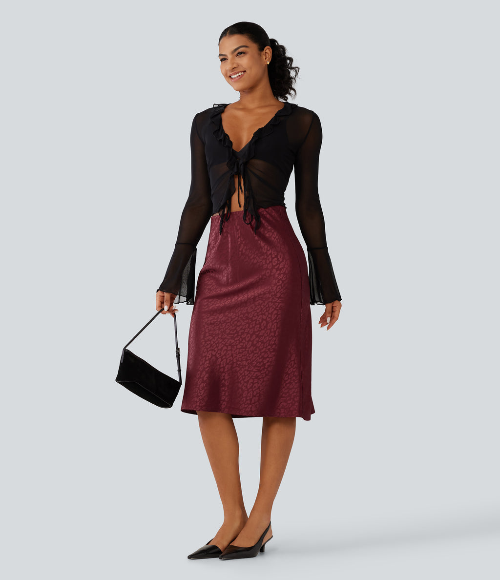 High Waisted Leopard Print Satin Casual Midi Mermaid Skirt — Burgundy Bloom Jacquard — view 6