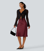 High Waisted Leopard Print Satin Casual Midi Mermaid Skirt — Burgundy Bloom Jacquard — view 6