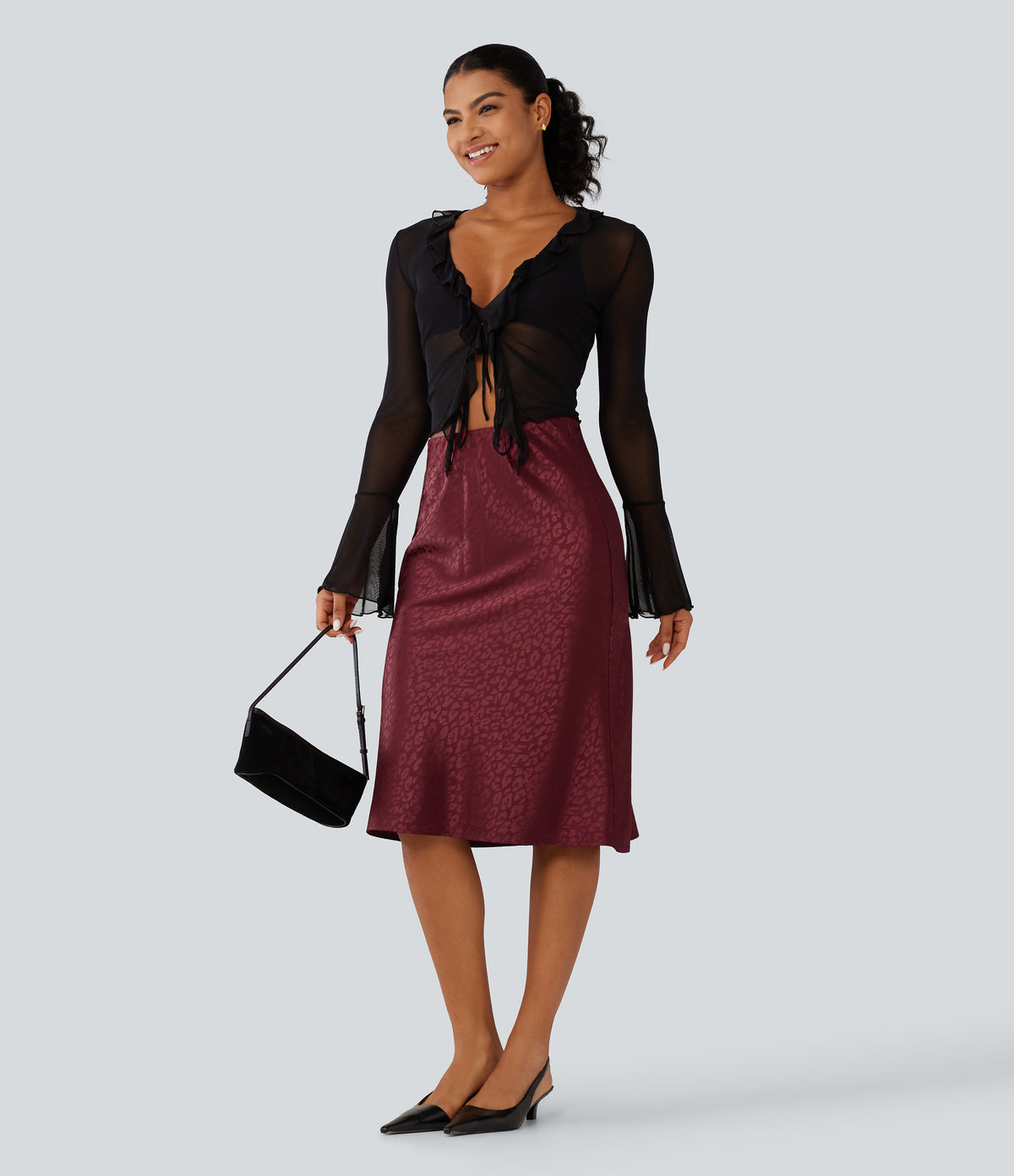 High Waisted Leopard Print Satin Casual Midi Mermaid Skirt — Burgundy Bloom Jacquard — view 6