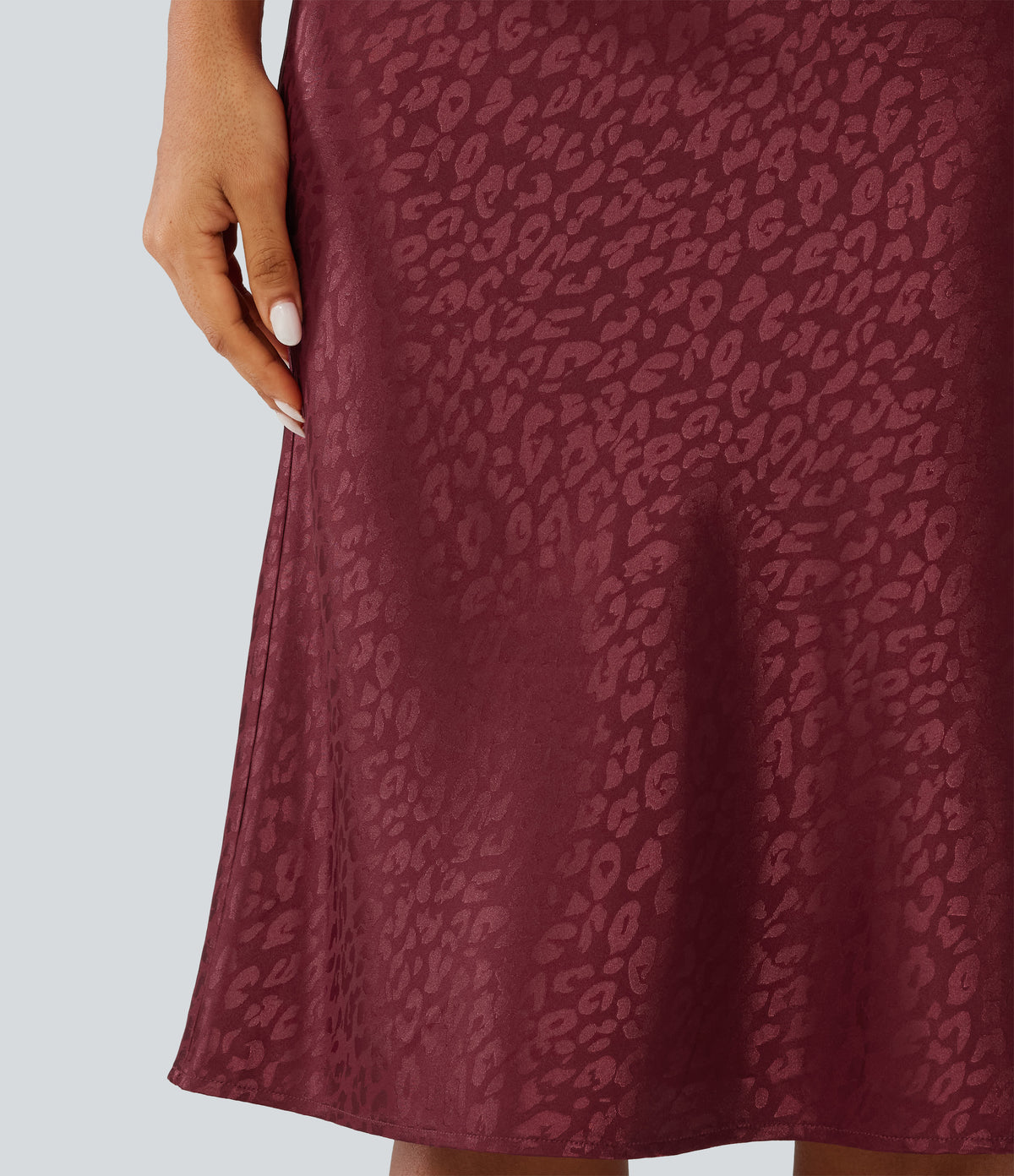 High Waisted Leopard Print Satin Casual Midi Mermaid Skirt — Burgundy Bloom Jacquard — view 5