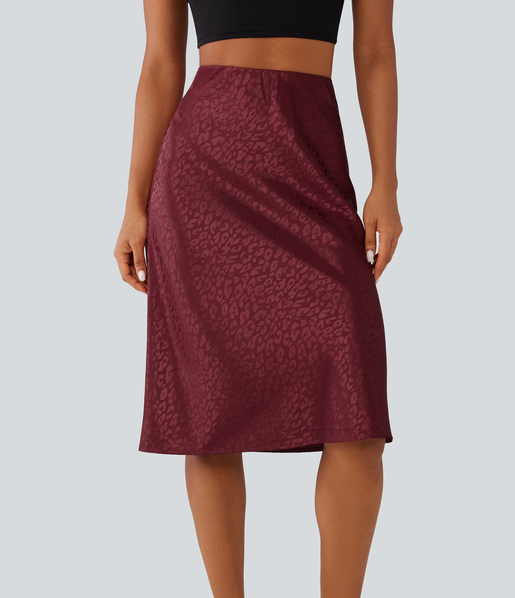 High Waisted Leopard Print Satin Casual Midi Mermaid Skirt — Burgundy Bloom Jacquard — view 4
