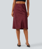 High Waisted Leopard Print Satin Casual Midi Mermaid Skirt — Burgundy Bloom Jacquard — view 1