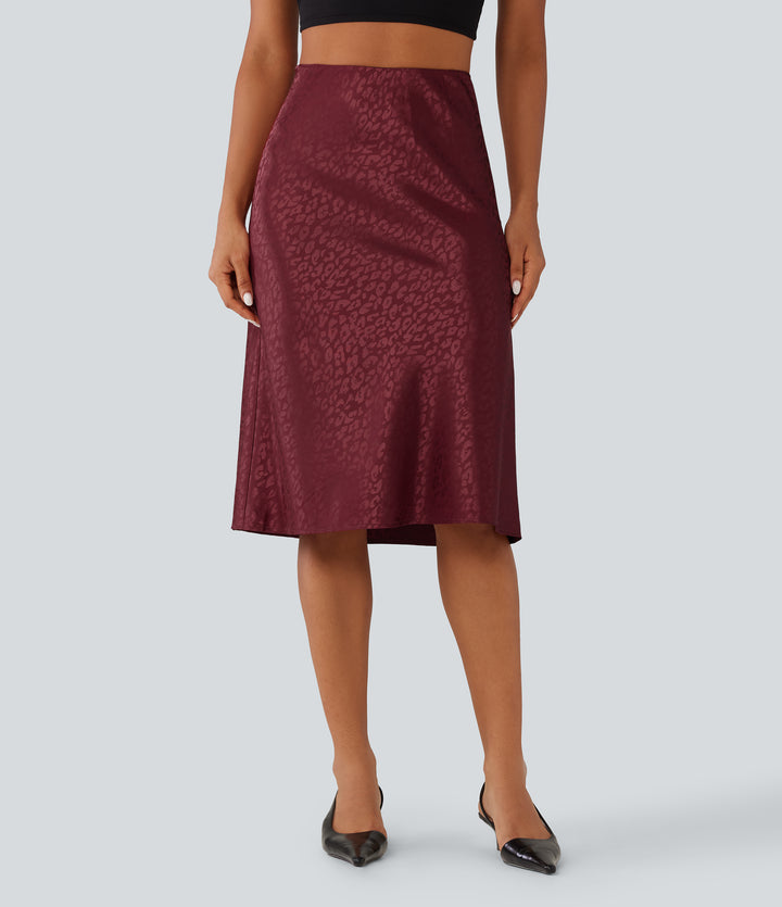 High Waisted Leopard Print Satin Casual Midi Mermaid Skirt — Burgundy Bloom Jacquard — view 1