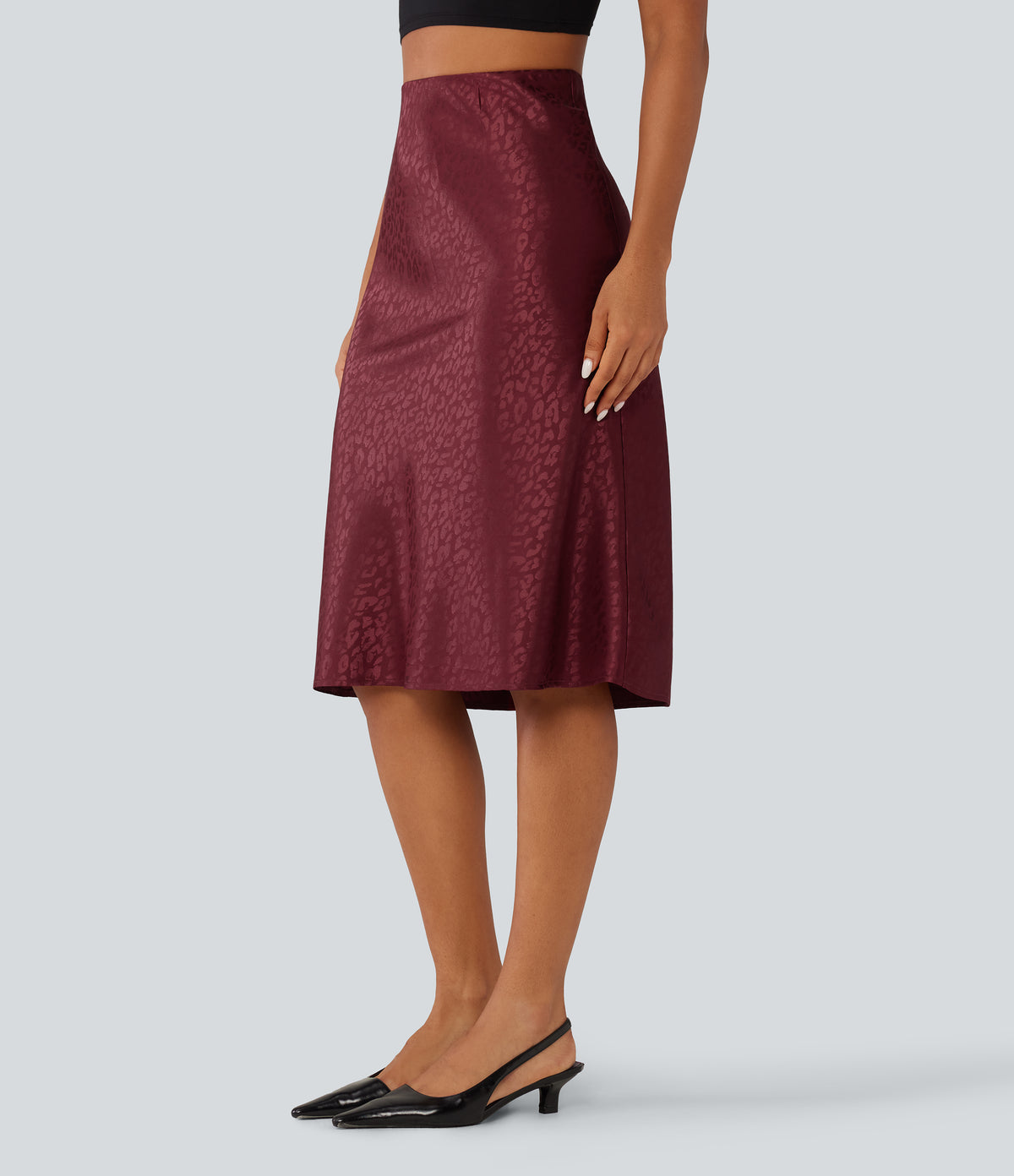 High Waisted Leopard Print Satin Casual Midi Mermaid Skirt — Burgundy Bloom Jacquard — view 3