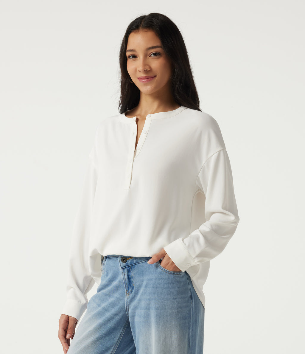 Round Neck Long Sleeve Casual Blouse — White — view 3