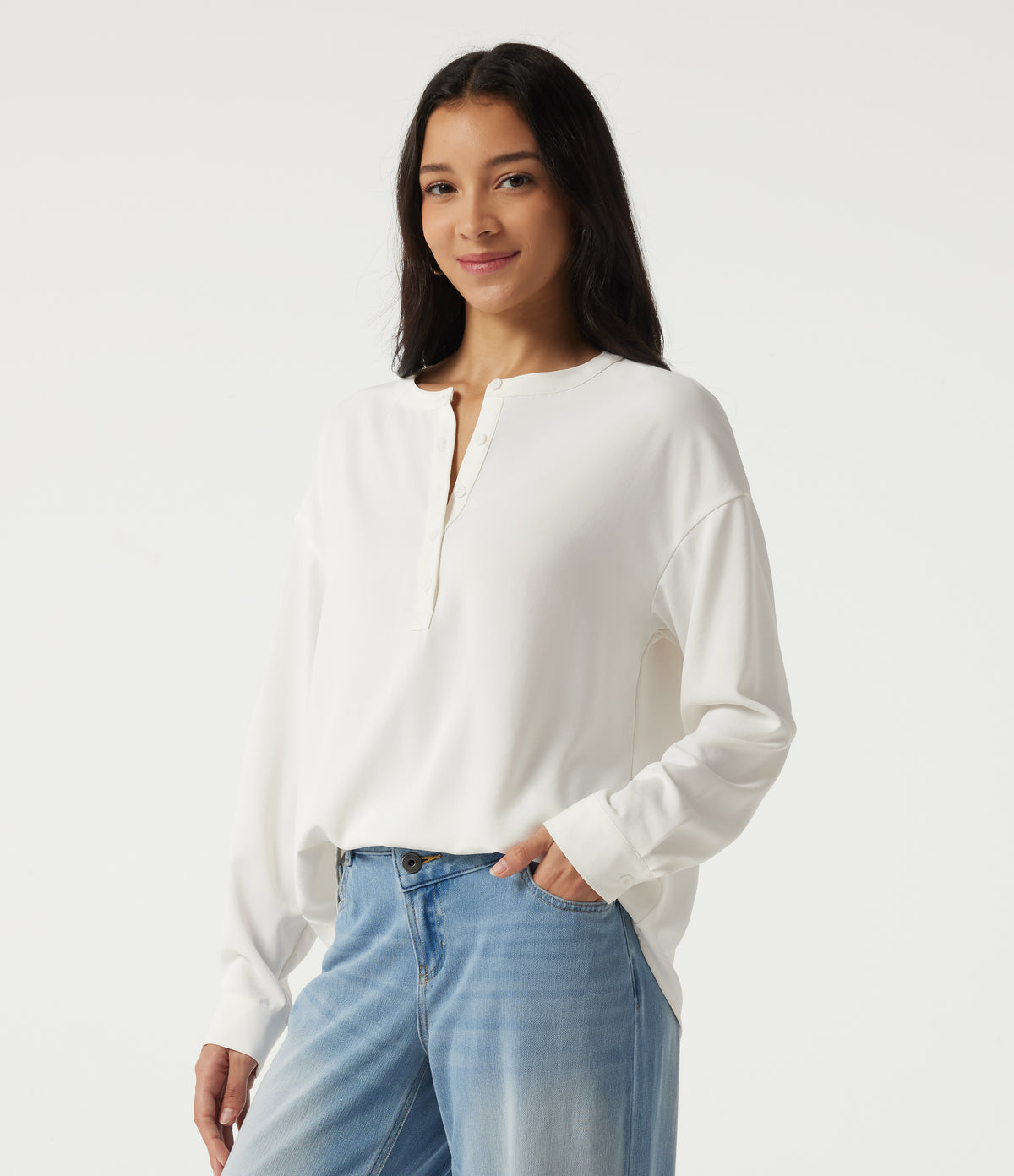 Round Neck Long Sleeve Casual Blouse — White — view 3