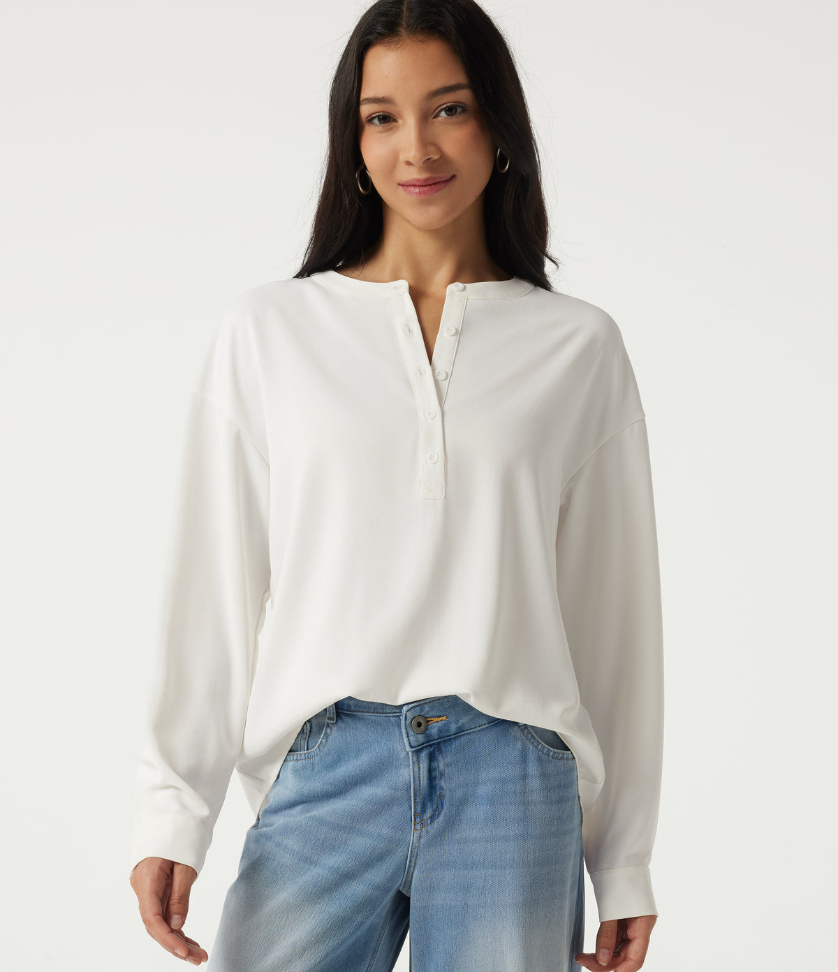 Round Neck Long Sleeve Casual Blouse — White — view 1
