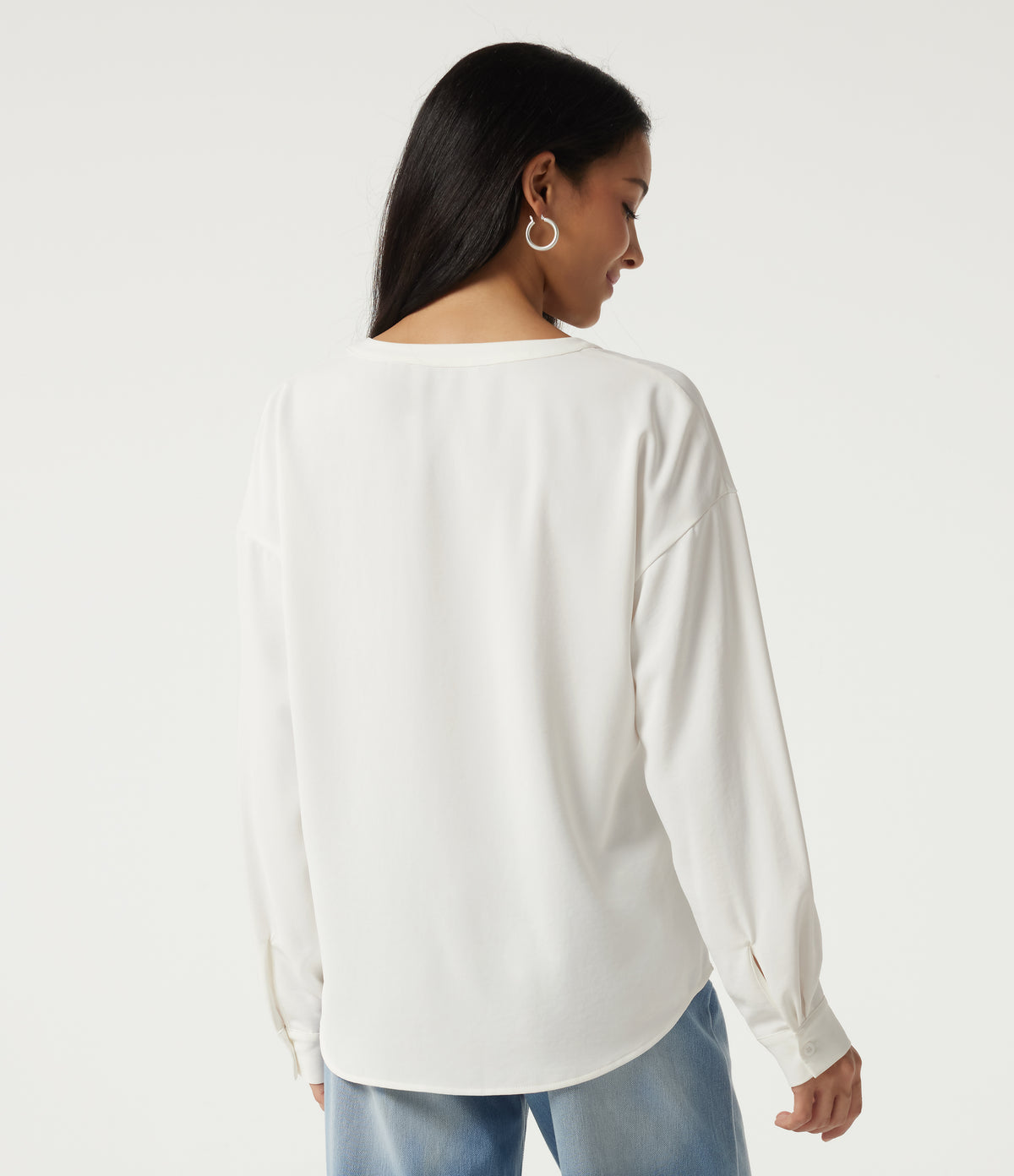 Round Neck Long Sleeve Casual Blouse — White — view 2