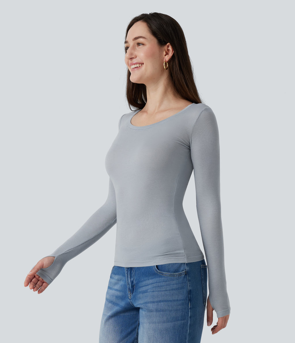 Round Neck Long Sleeve Wool Work T-Shirt with Thumbholes — Grey — view 3