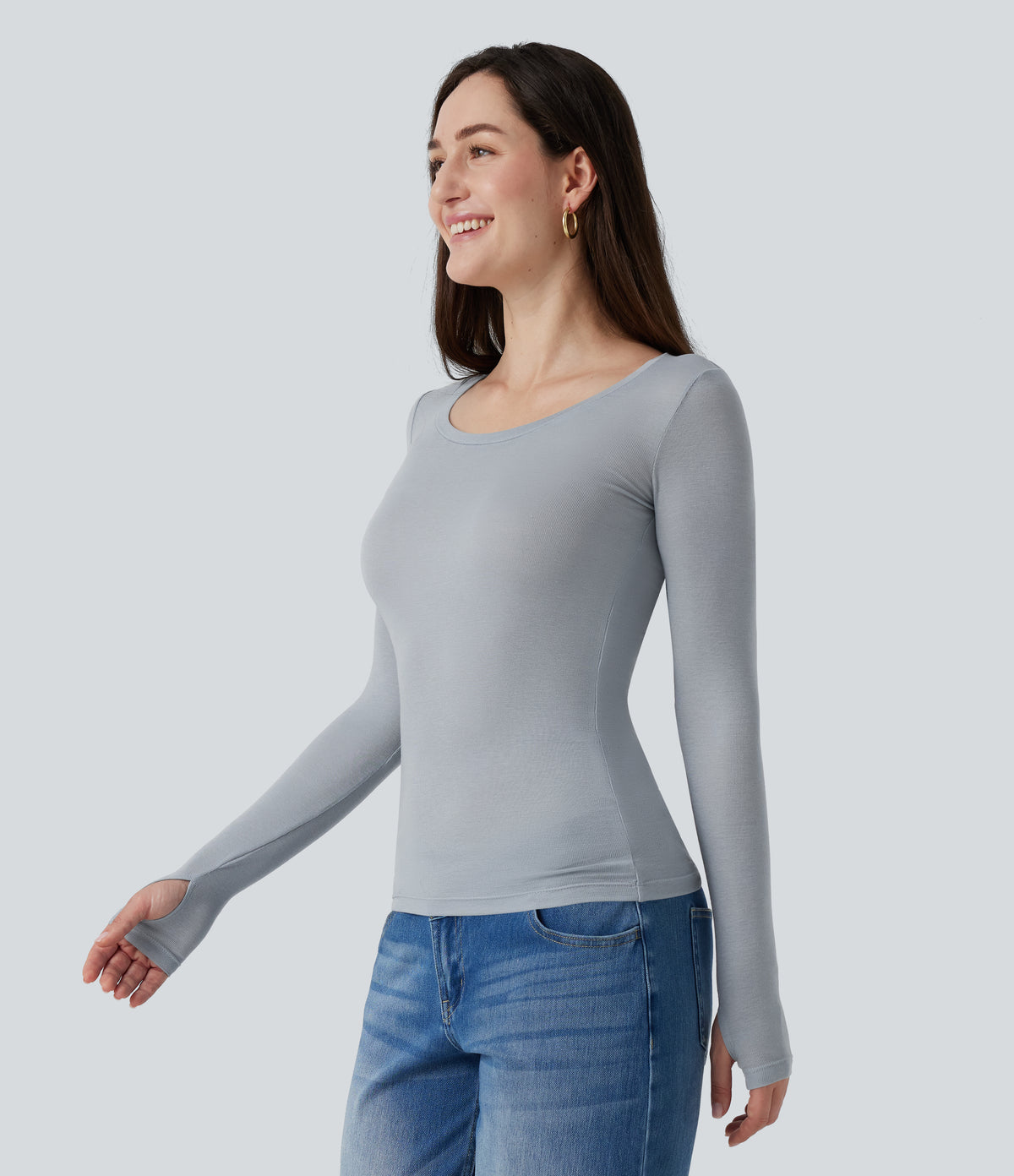 Round Neck Long Sleeve Wool Work T-Shirt with Thumbholes — Grey — view 3