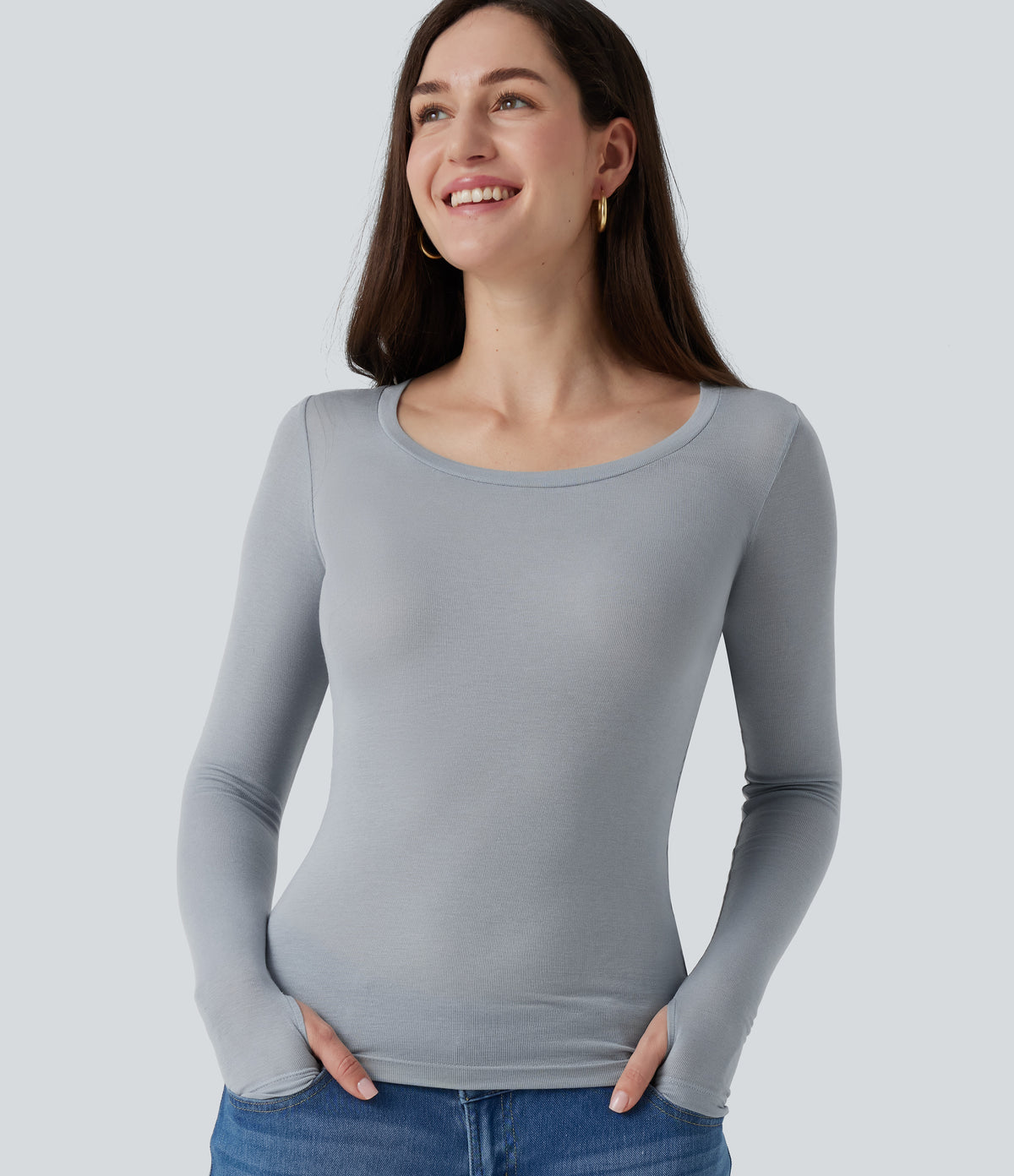 Round Neck Long Sleeve Wool Work T-Shirt with Thumbholes — Grey — view 1