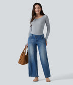 Round Neck Long Sleeve Wool Work T-Shirt with Thumbholes — Grey — view 4