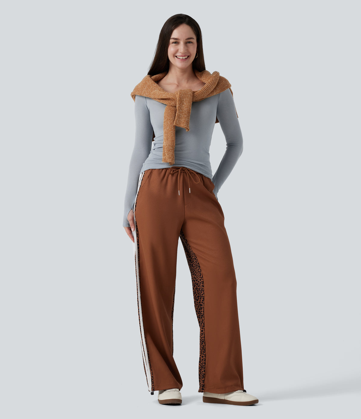 Round Neck Long Sleeve Wool Work T-Shirt with Thumbholes — Grey — view 8