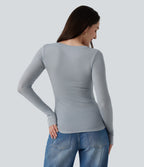 Round Neck Long Sleeve Wool Work T-Shirt with Thumbholes — Grey — view 2