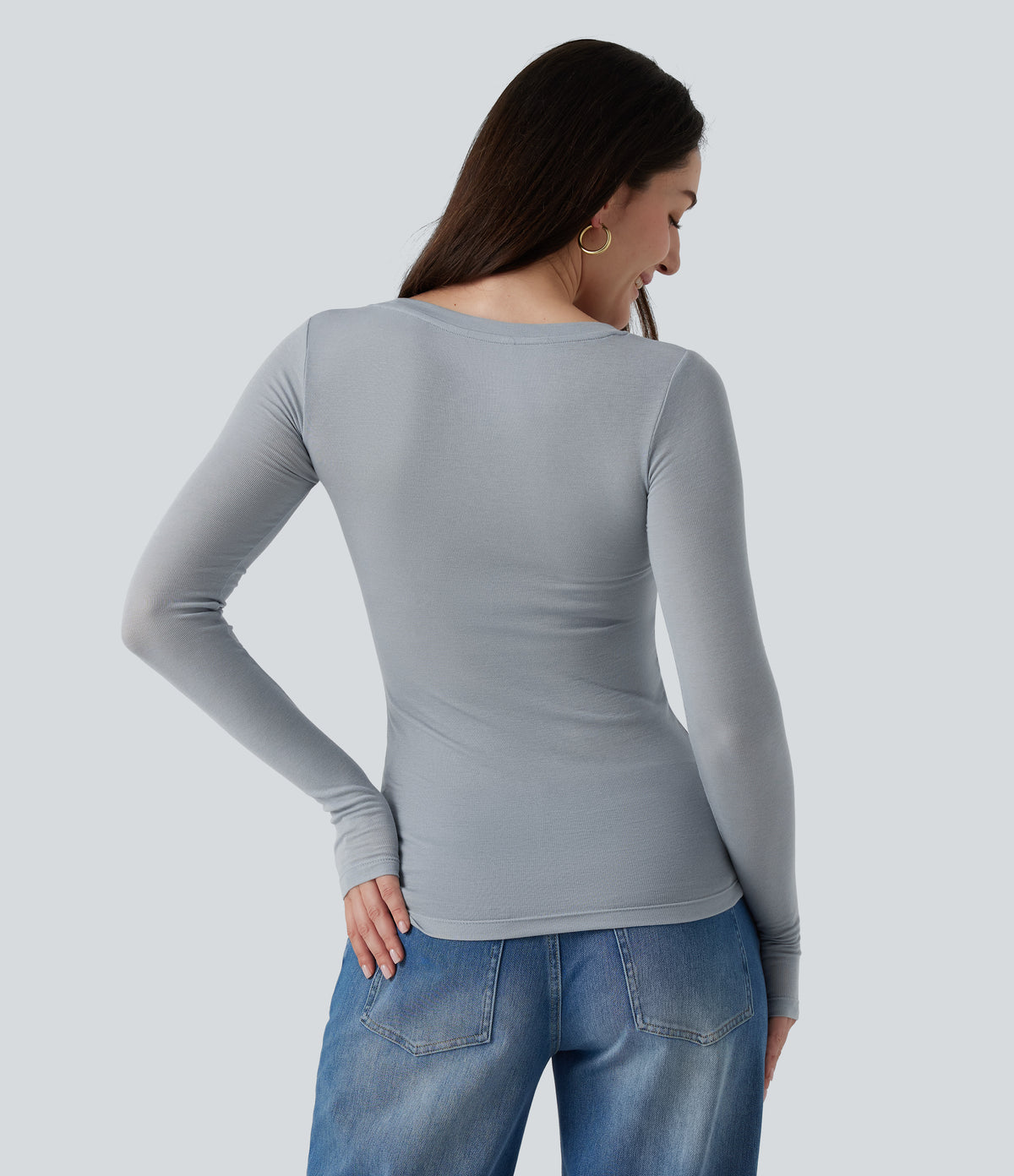 Round Neck Long Sleeve Wool Work T-Shirt with Thumbholes — Grey — view 2