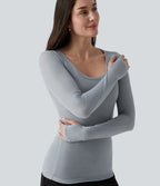 Round Neck Long Sleeve Wool Work T-Shirt with Thumbholes — Grey — view 6
