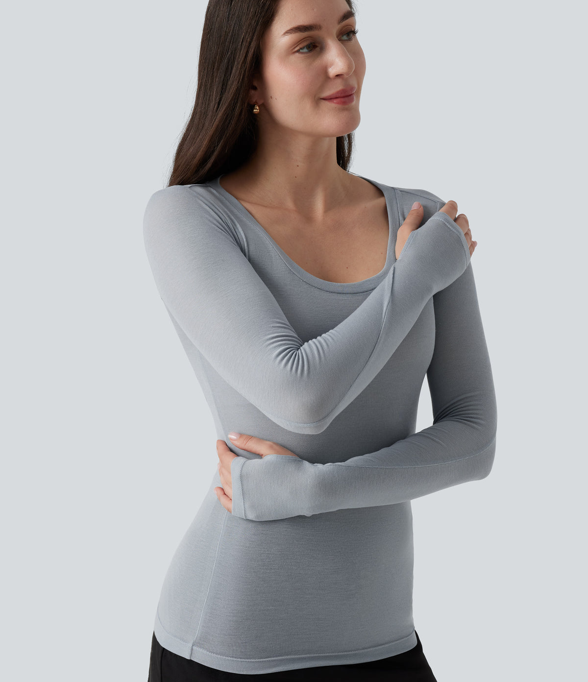 Round Neck Long Sleeve Wool Work T-Shirt with Thumbholes — Grey — view 6