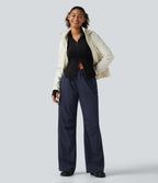Mid Rise Drawstring Ruched Wide Leg Hiking Trousers with Pockets — Midnight Blue — view 8