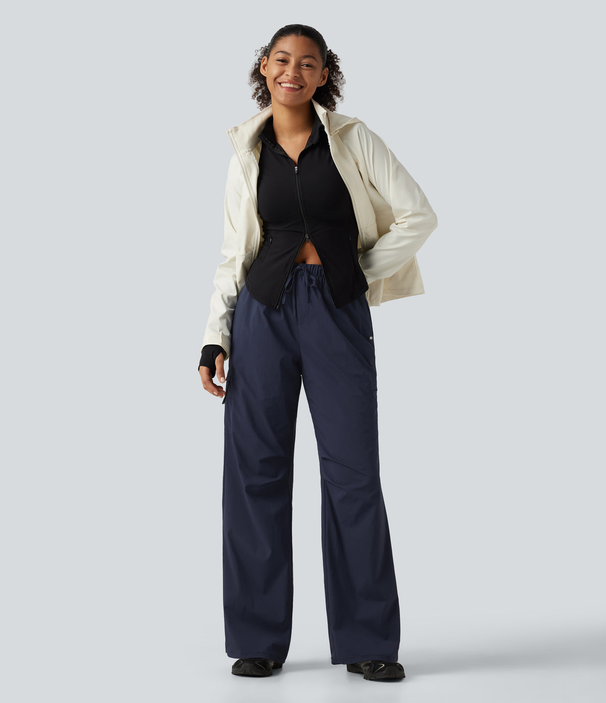 Mid Rise Drawstring Ruched Wide Leg Hiking Trousers with Pockets — Midnight Blue — view 8