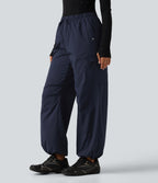 Mid Rise Drawstring Ruched Wide Leg Hiking Trousers with Pockets — Midnight Blue — view 2