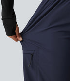 Mid Rise Drawstring Ruched Wide Leg Hiking Trousers with Pockets — Midnight Blue — view 7