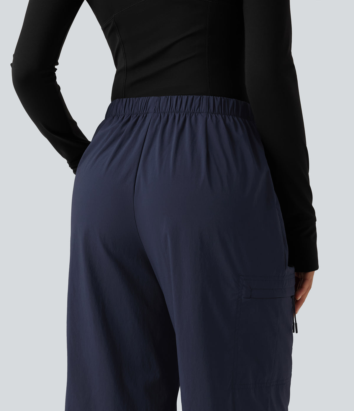 Mid Rise Drawstring Ruched Wide Leg Hiking Trousers with Pockets — Midnight Blue — view 4