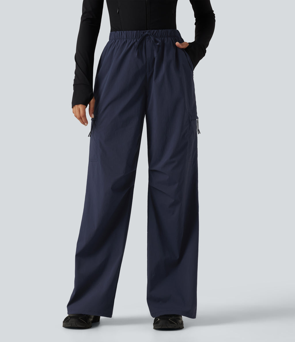 Mid Rise Drawstring Ruched Wide Leg Hiking Trousers with Pockets — Midnight Blue — view 3
