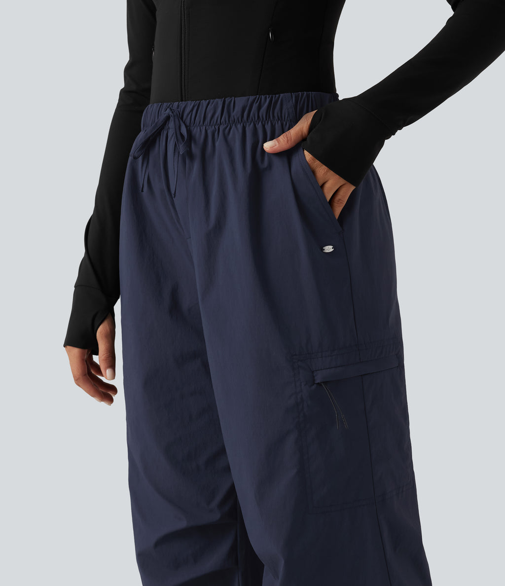 Mid Rise Drawstring Ruched Wide Leg Hiking Trousers with Pockets — Midnight Blue — view 5