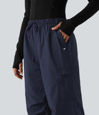 Mid Rise Drawstring Ruched Wide Leg Hiking Trousers with Pockets — Midnight Blue — view 5