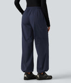 Mid Rise Drawstring Ruched Wide Leg Hiking Trousers with Pockets — Midnight Blue — view 1